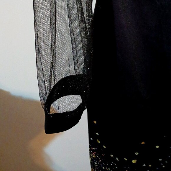 EUC ~ Women's Sheer Long Sleeve Bodycon Dress, Holiday Golden Sparkly Print - Picture 2 of 5